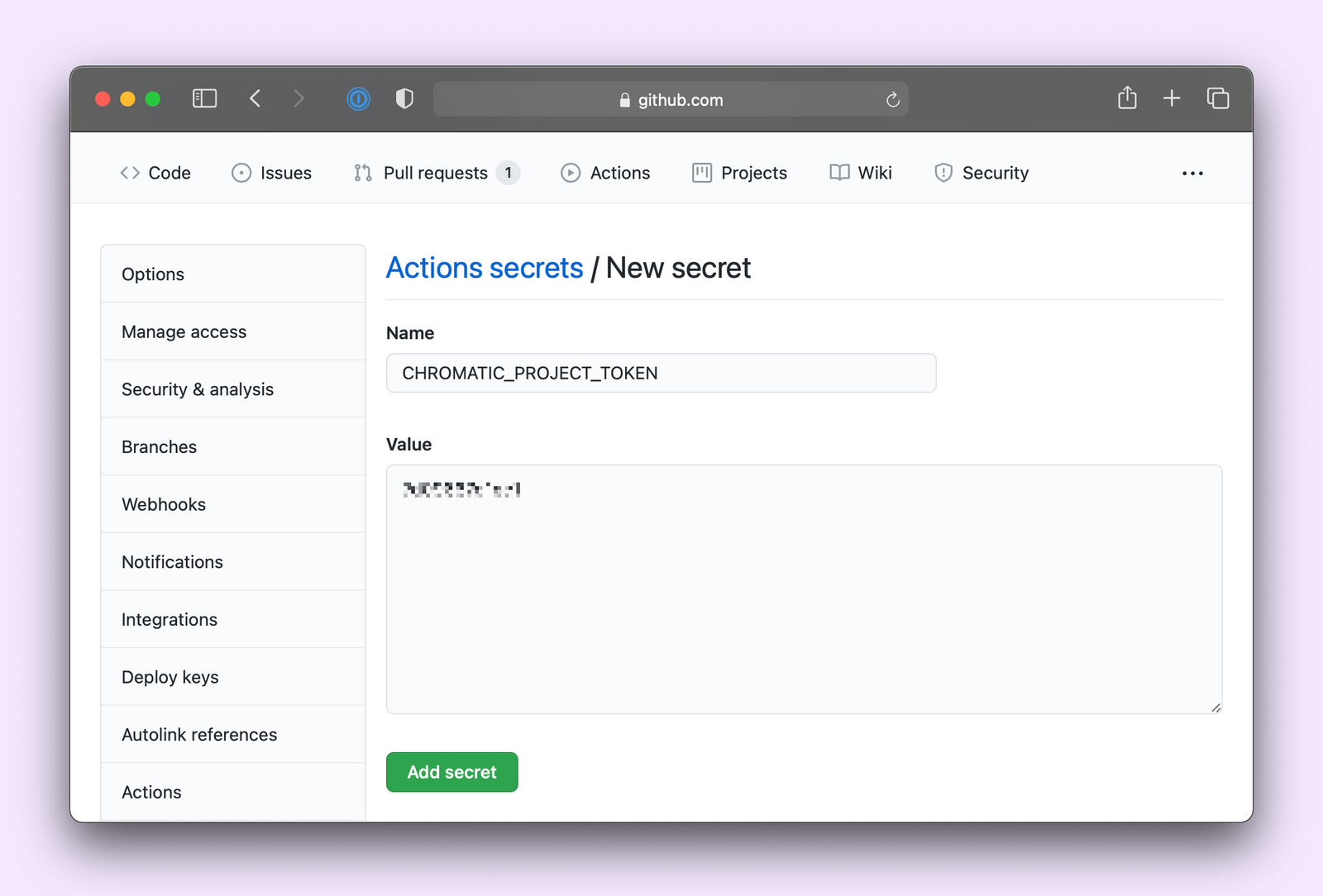 add secret to your repository